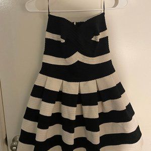 Black and white strapless mini dress
